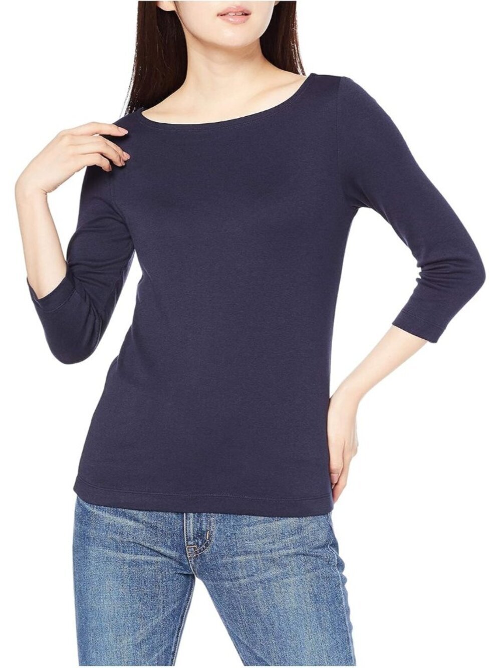 Women's Navy Slim-fit Sleeve Boat Neck Cotton Modal Micro Rib T-shirt